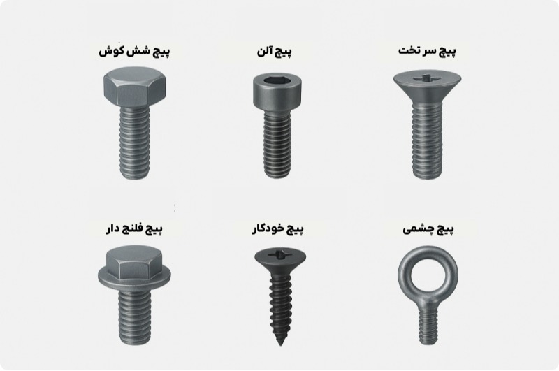 انواع پیچ بر اساس شکل سر و رزوه